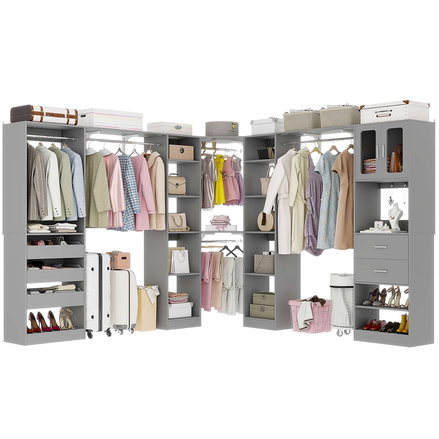 Closet System with 3 Sets, 100'' Walk-in Closet System with Drawers & Hanging Rods