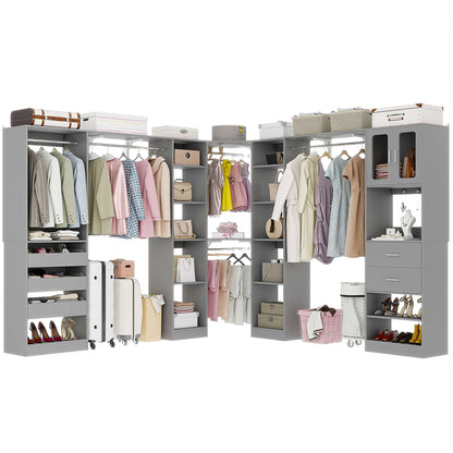 Closet System with 3 Sets, 100'' Walk-in Closet System with Drawers & Hanging Rods