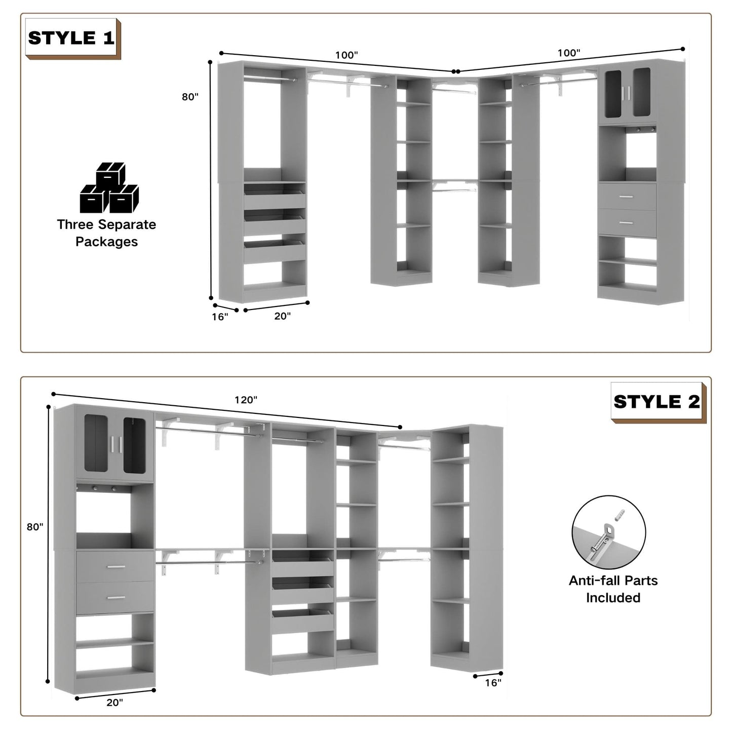 Closet System with 3 Sets, 100'' Walk-in Closet System with Drawers & Hanging Rods