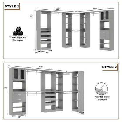 Closet System with 3 Sets, 100'' Walk-in Closet System with Drawers & Hanging Rods
