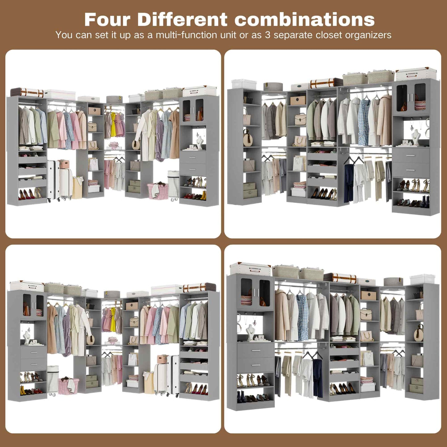 Closet System with 3 Sets, 100'' Walk-in Closet System with Drawers & Hanging Rods