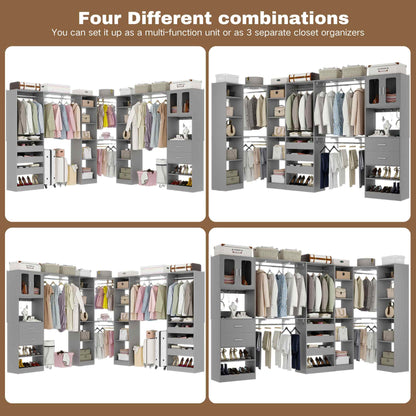 Closet System with 3 Sets, 100'' Walk-in Closet System with Drawers & Hanging Rods