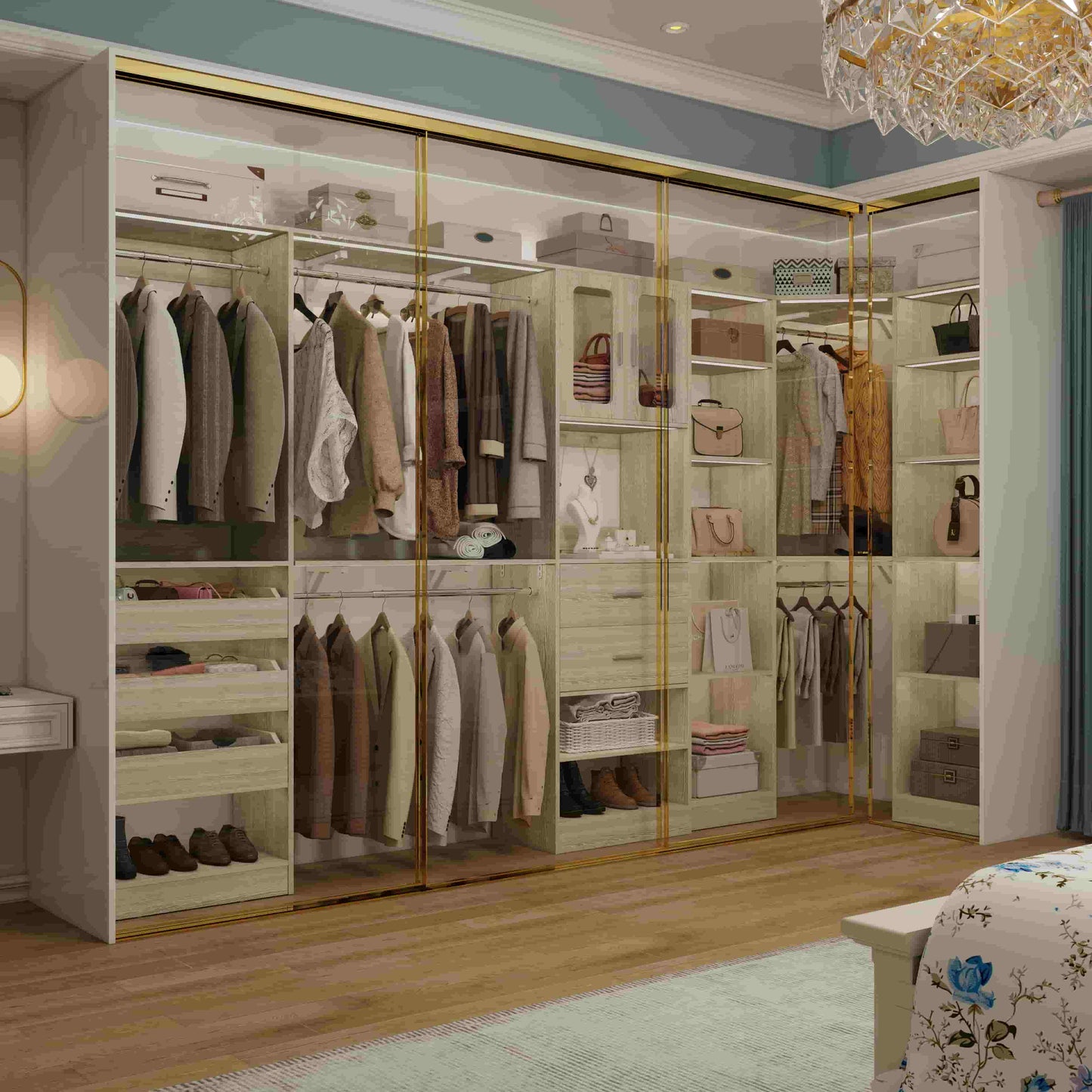 Closet System with 3 Sets, 100'' Walk-in Closet System with Drawers & Hanging Rods