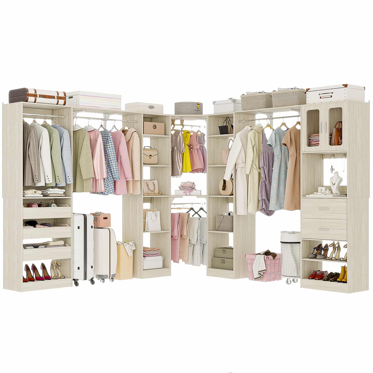 Closet System with 3 Sets, 100'' Walk-in Closet System with Drawers & Hanging Rods