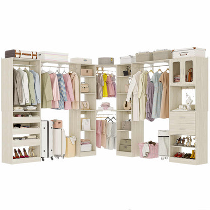 Closet System with 3 Sets, 100'' Walk-in Closet System with Drawers & Hanging Rods