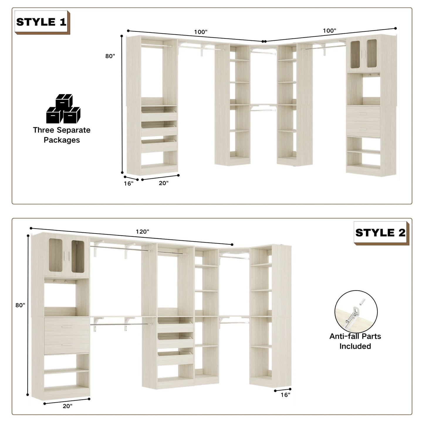 Closet System with 3 Sets, 100'' Walk-in Closet System with Drawers & Hanging Rods
