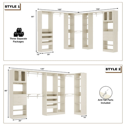 Closet System with 3 Sets, 100'' Walk-in Closet System with Drawers & Hanging Rods