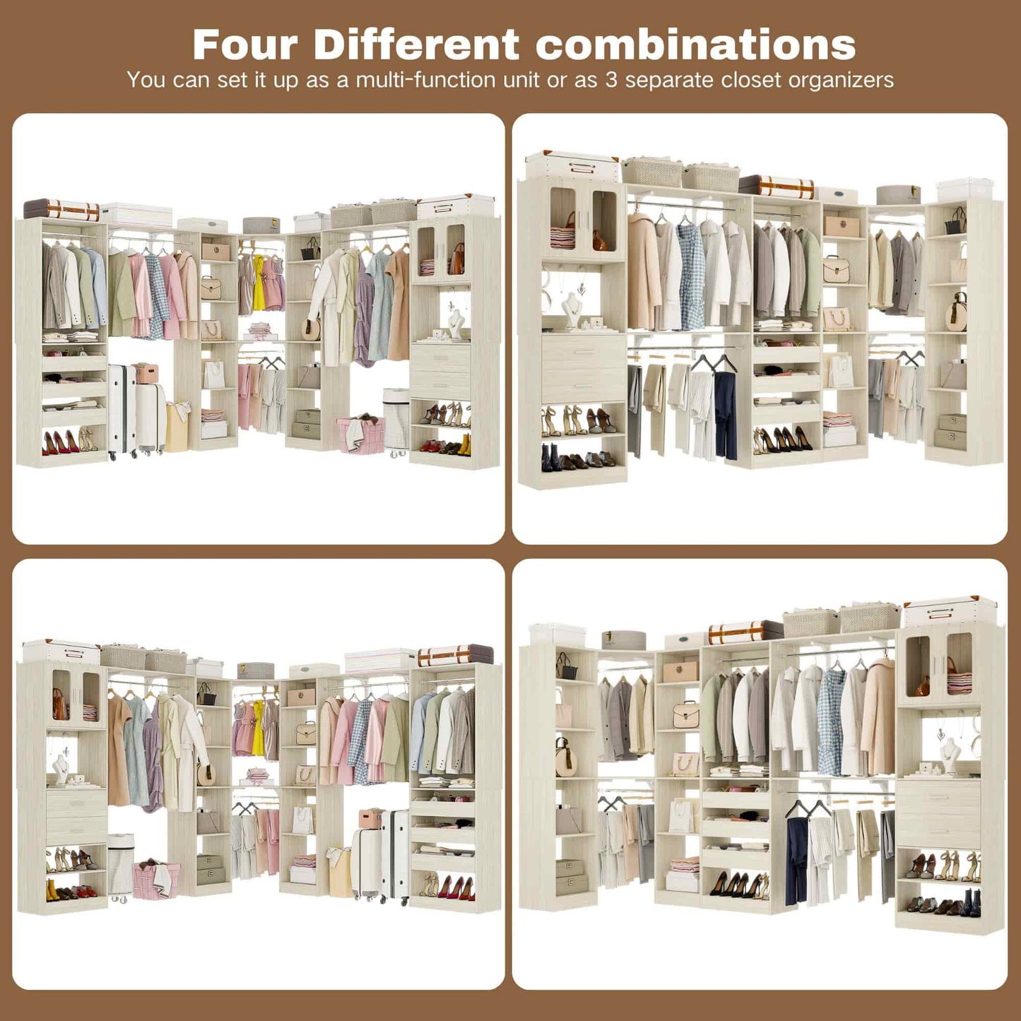 Closet System with 3 Sets, 100'' Walk-in Closet System with Drawers & Hanging Rods