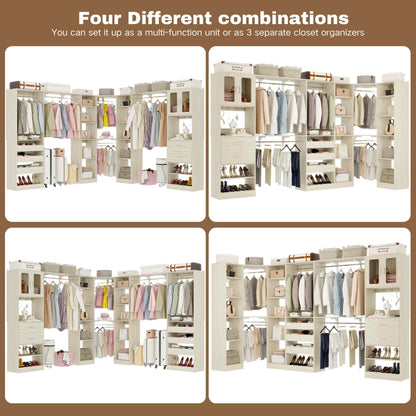 Closet System with 3 Sets, 100'' Walk-in Closet System with Drawers & Hanging Rods