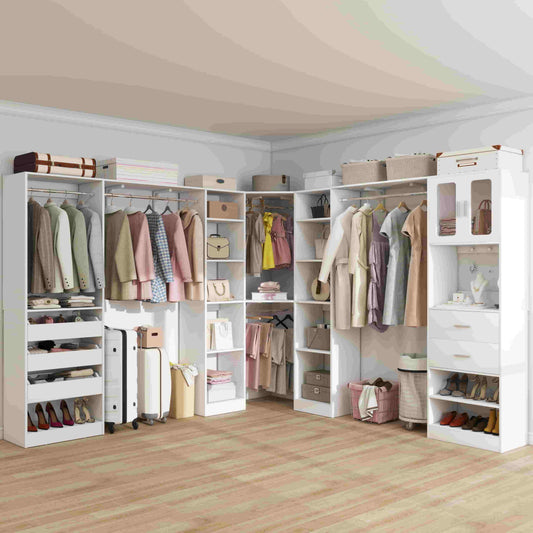 Closet System with 3 Sets, 100'' Walk-in Closet System with Drawers & Hanging Rods