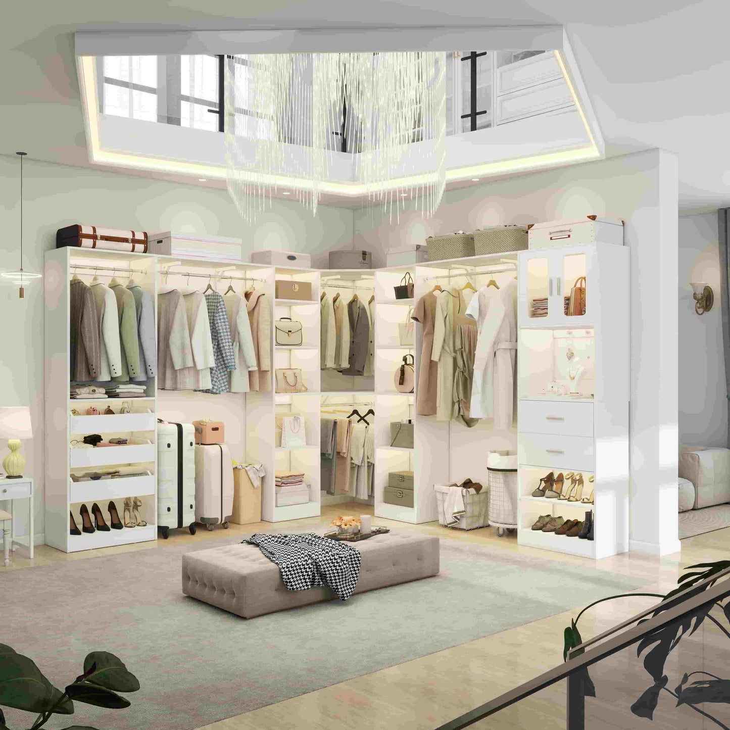 Closet System with 3 Sets, 100'' Walk-in Closet System with Drawers & Hanging Rods