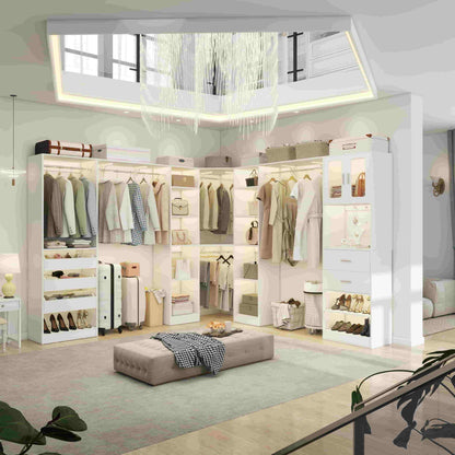 Closet System with 3 Sets, 100'' Walk-in Closet System with Drawers & Hanging Rods