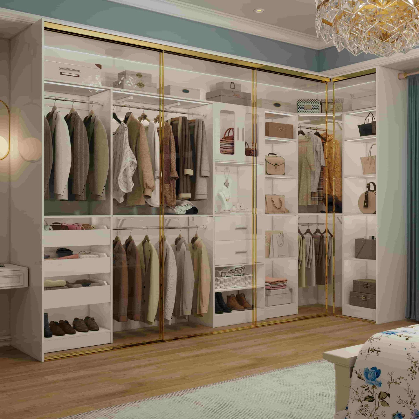 Closet System with 3 Sets, 100'' Walk-in Closet System with Drawers & Hanging Rods