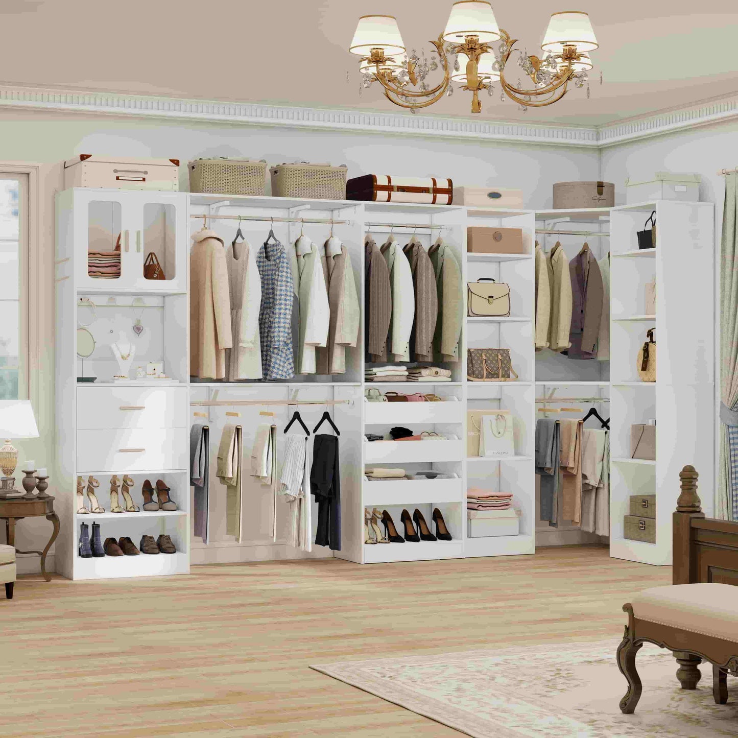 Closet System with 3 Sets, 100'' Walk-in Closet System with Drawers & Hanging Rods