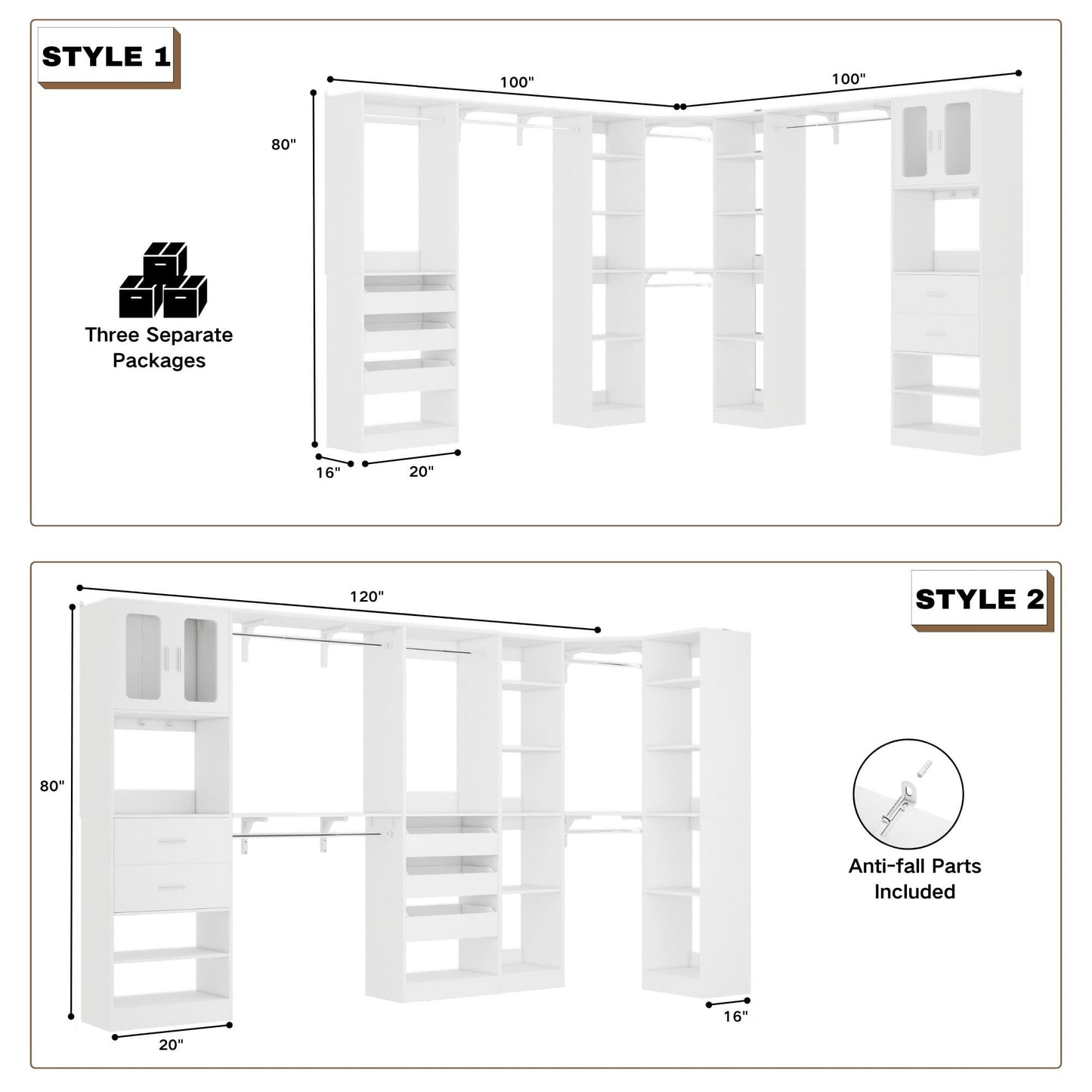 Closet System with 3 Sets, 100'' Walk-in Closet System with Drawers & Hanging Rods
