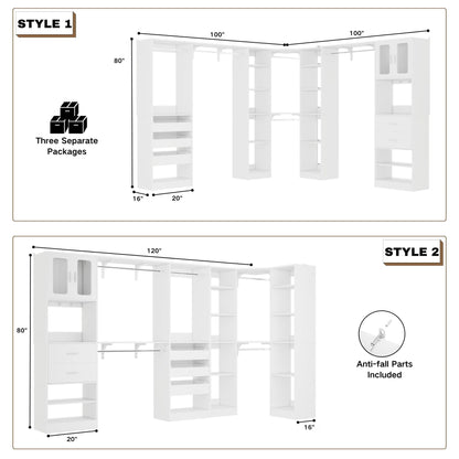 Closet System with 3 Sets, 100'' Walk-in Closet System with Drawers & Hanging Rods