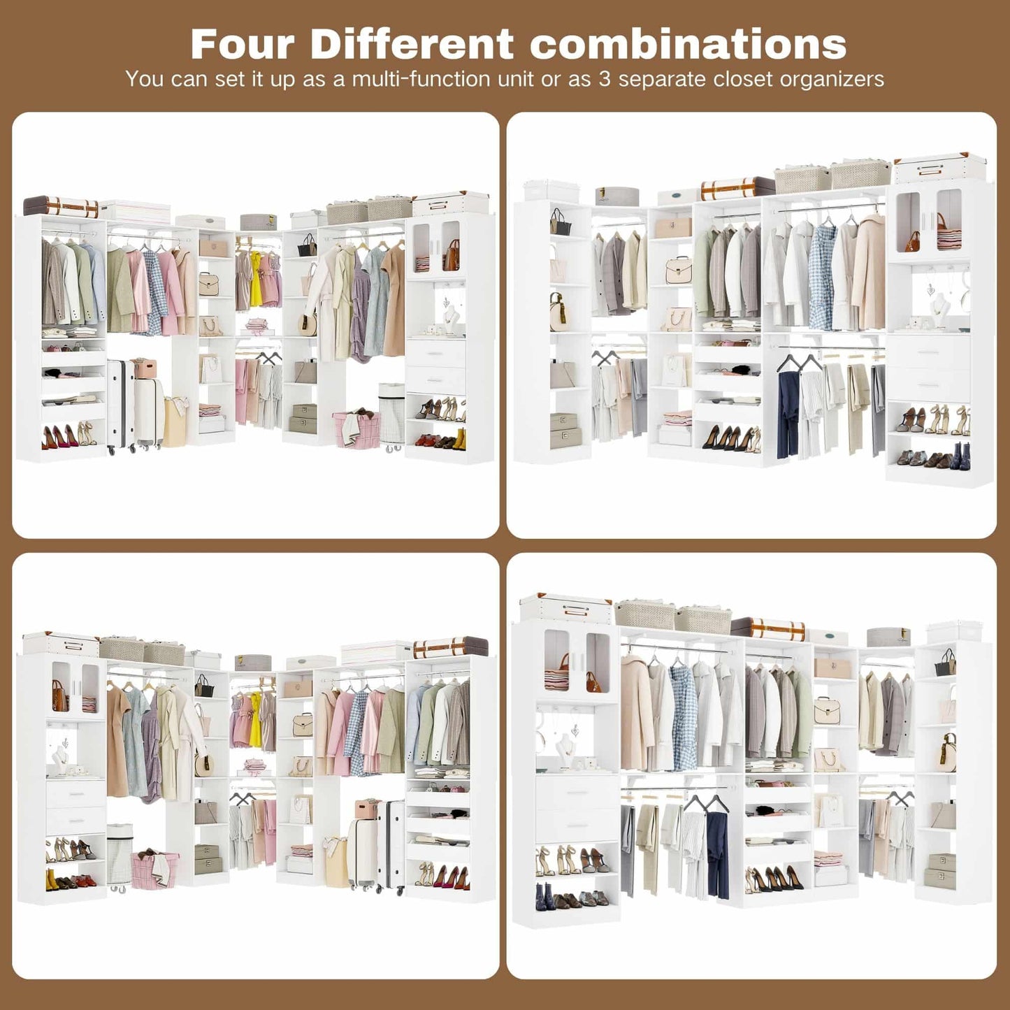Closet System with 3 Sets, 100'' Walk-in Closet System with Drawers & Hanging Rods