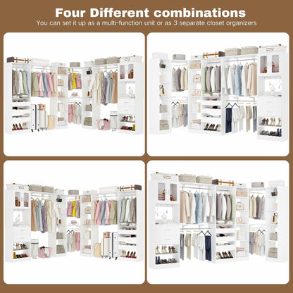 Closet System with 3 Sets, 100'' Walk-in Closet System with Drawers & Hanging Rods