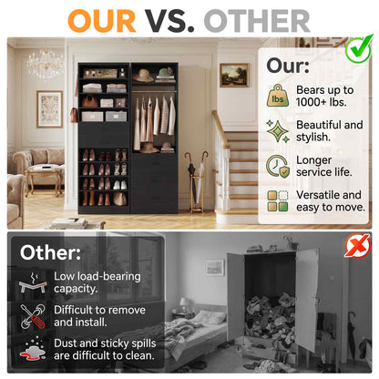 2-in-1 Storage Set: 10-Tier Shoe Cabinet with 2 Drawers + 2FT Freestanding Closet System with 3 Wood Drawers