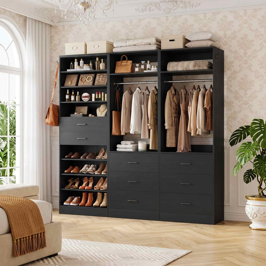 3-Piece Closet and Shoe Storage Bundle: 10-Tier Shoe Cabinet with 2 Drawers + 2 x 2 FT Freestanding Closet Systems with 3 Wood Drawers - All-in-One Organizer
