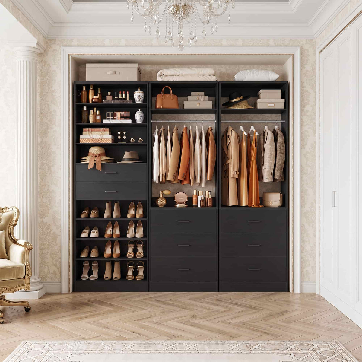 3-Piece Closet and Shoe Storage Bundle: 10-Tier Shoe Cabinet with 2 Drawers + 2 x 2 FT Freestanding Closet Systems with 3 Wood Drawers - All-in-One Organizer