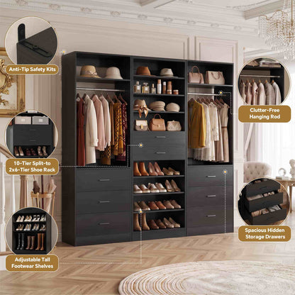 3-Piece Closet and Shoe Storage Bundle: 10-Tier Shoe Cabinet with 2 Drawers + 2 x 2 FT Freestanding Closet Systems with 3 Wood Drawers - All-in-One Organizer