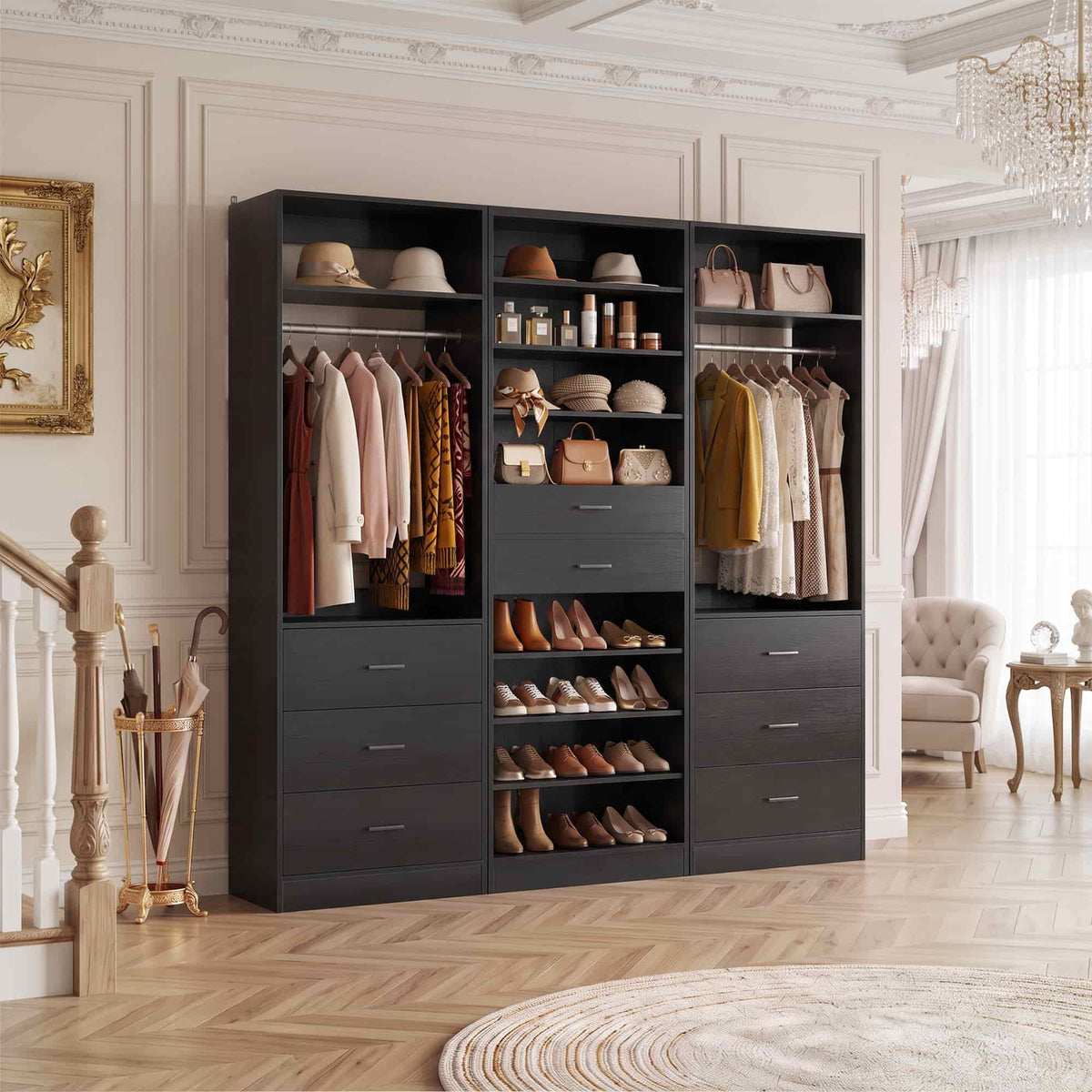3-Piece Closet and Shoe Storage Bundle: 10-Tier Shoe Cabinet with 2 Drawers + 2 x 2 FT Freestanding Closet Systems with 3 Wood Drawers - All-in-One Organizer