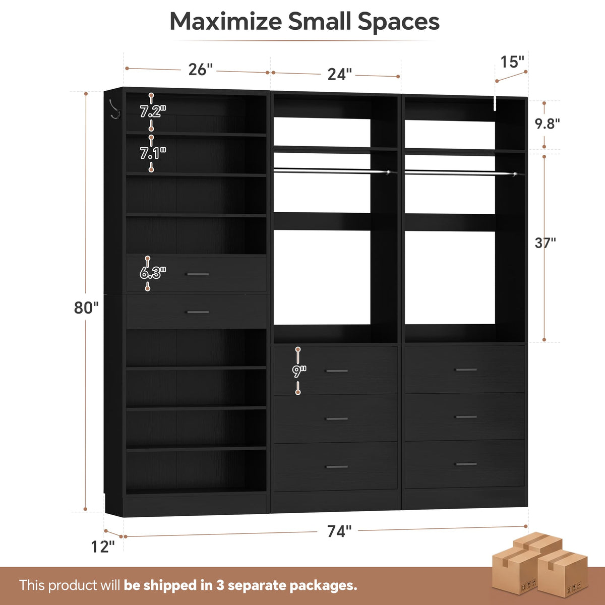 3-Piece Closet and Shoe Storage Bundle: 10-Tier Shoe Cabinet with 2 Drawers + 2 x 2 FT Freestanding Closet Systems with 3 Wood Drawers - All-in-One Organizer