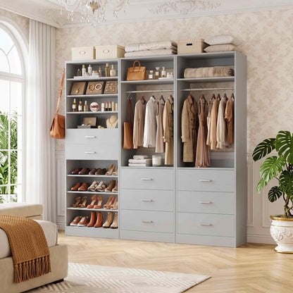 3-Piece Closet and Shoe Storage Bundle: 10-Tier Shoe Cabinet with 2 Drawers + 2 x 2 FT Freestanding Closet Systems with 3 Wood Drawers - All-in-One Organizer