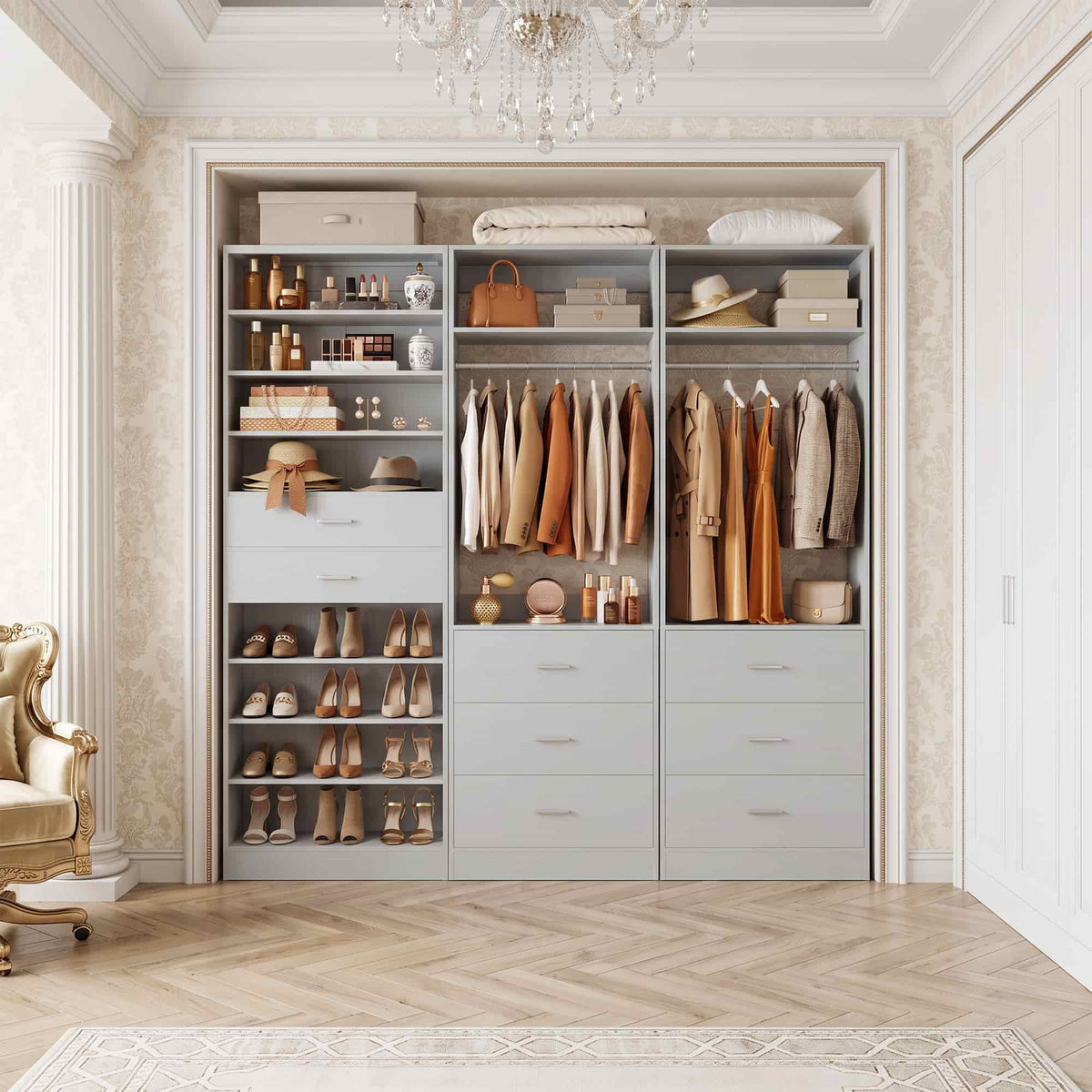 3-Piece Closet and Shoe Storage Bundle: 10-Tier Shoe Cabinet with 2 Drawers + 2 x 2 FT Freestanding Closet Systems with 3 Wood Drawers - All-in-One Organizer