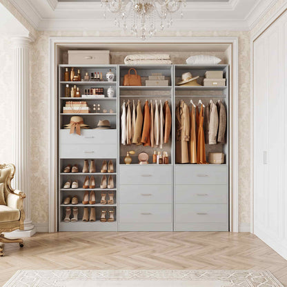 3-Piece Closet and Shoe Storage Bundle: 10-Tier Shoe Cabinet with 2 Drawers + 2 x 2 FT Freestanding Closet Systems with 3 Wood Drawers - All-in-One Organizer
