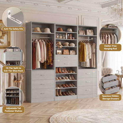 3-Piece Closet and Shoe Storage Bundle: 10-Tier Shoe Cabinet with 2 Drawers + 2 x 2 FT Freestanding Closet Systems with 3 Wood Drawers - All-in-One Organizer