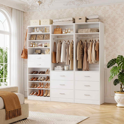 3-Piece Closet and Shoe Storage Bundle: 10-Tier Shoe Cabinet with 2 Drawers + 2 x 2 FT Freestanding Closet Systems with 3 Wood Drawers - All-in-One Organizer