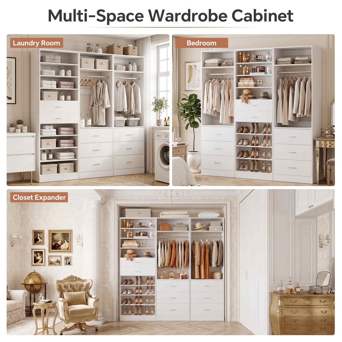 3-Piece Closet and Shoe Storage Bundle: 10-Tier Shoe Cabinet with 2 Drawers + 2 x 2 FT Freestanding Closet Systems with 3 Wood Drawers - All-in-One Organizer