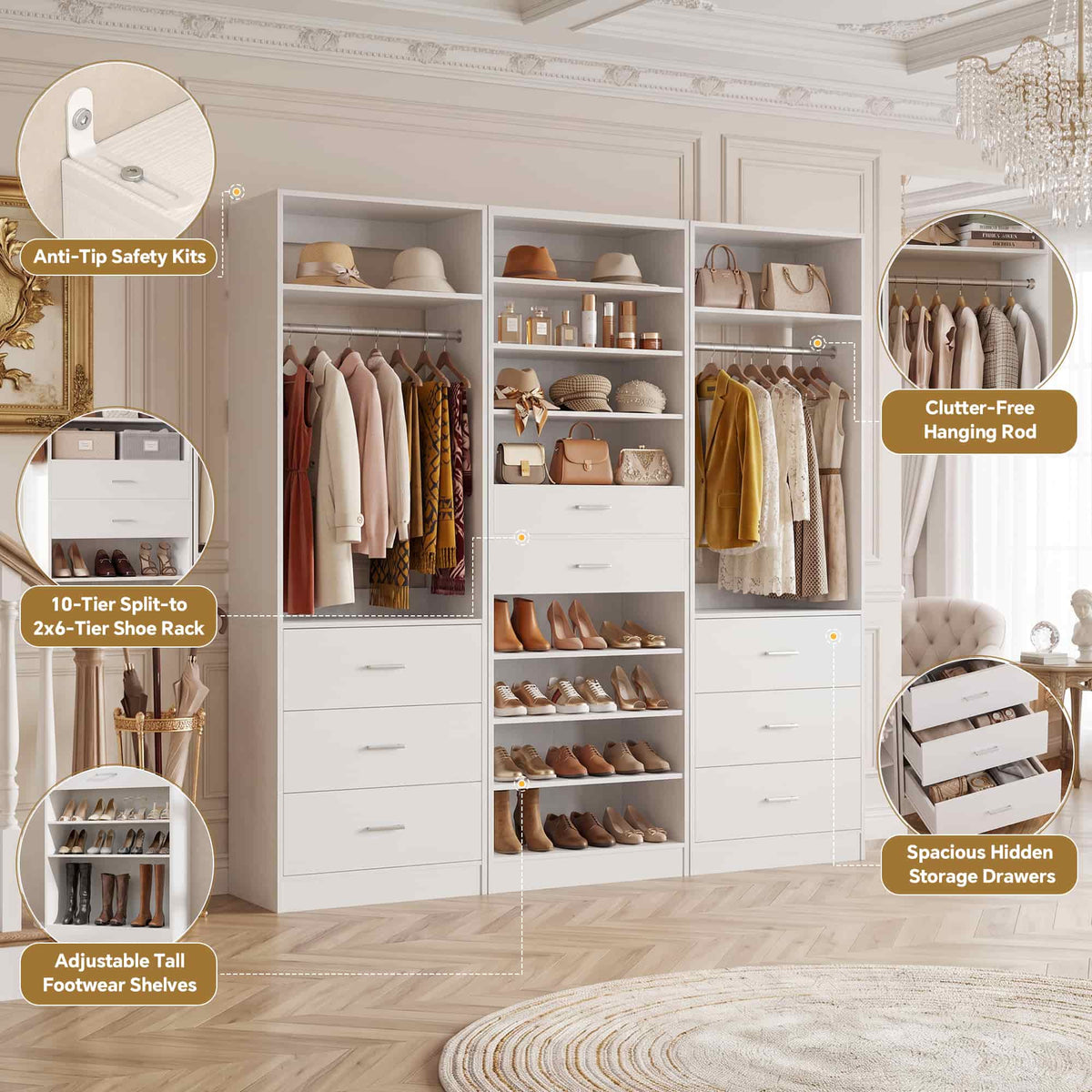 3-Piece Closet and Shoe Storage Bundle: 10-Tier Shoe Cabinet with 2 Drawers + 2 x 2 FT Freestanding Closet Systems with 3 Wood Drawers - All-in-One Organizer