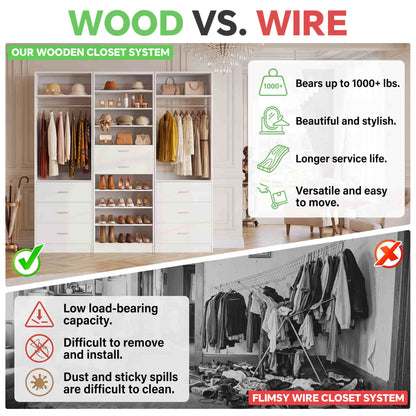 3-Piece Closet and Shoe Storage Bundle: 10-Tier Shoe Cabinet with 2 Drawers + 2 x 2 FT Freestanding Closet Systems with 3 Wood Drawers - All-in-One Organizer