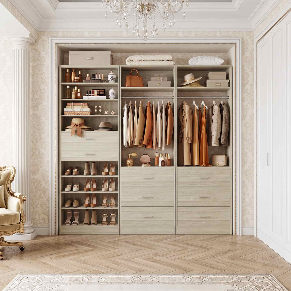 3-Piece Closet and Shoe Storage Bundle: 10-Tier Shoe Cabinet with 2 Drawers + 2 x 2 FT Freestanding Closet Systems with 3 Wood Drawers - All-in-One Organizer
