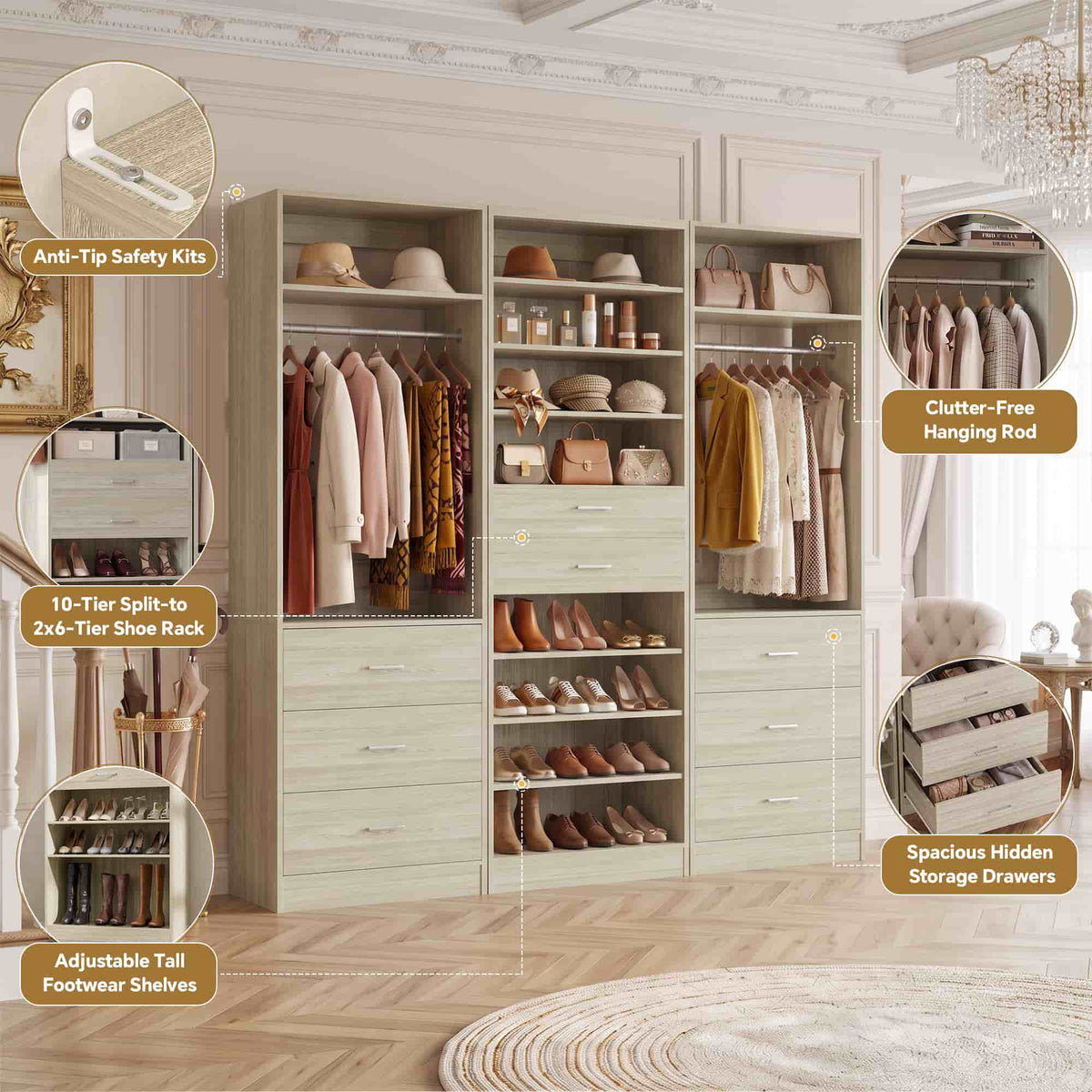 3-Piece Closet and Shoe Storage Bundle: 10-Tier Shoe Cabinet with 2 Drawers + 2 x 2 FT Freestanding Closet Systems with 3 Wood Drawers - All-in-One Organizer