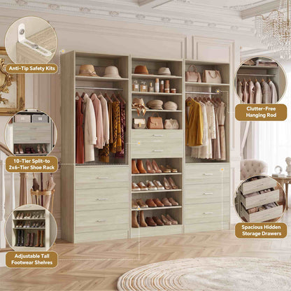 3-Piece Closet and Shoe Storage Bundle: 10-Tier Shoe Cabinet with 2 Drawers + 2 x 2 FT Freestanding Closet Systems with 3 Wood Drawers - All-in-One Organizer