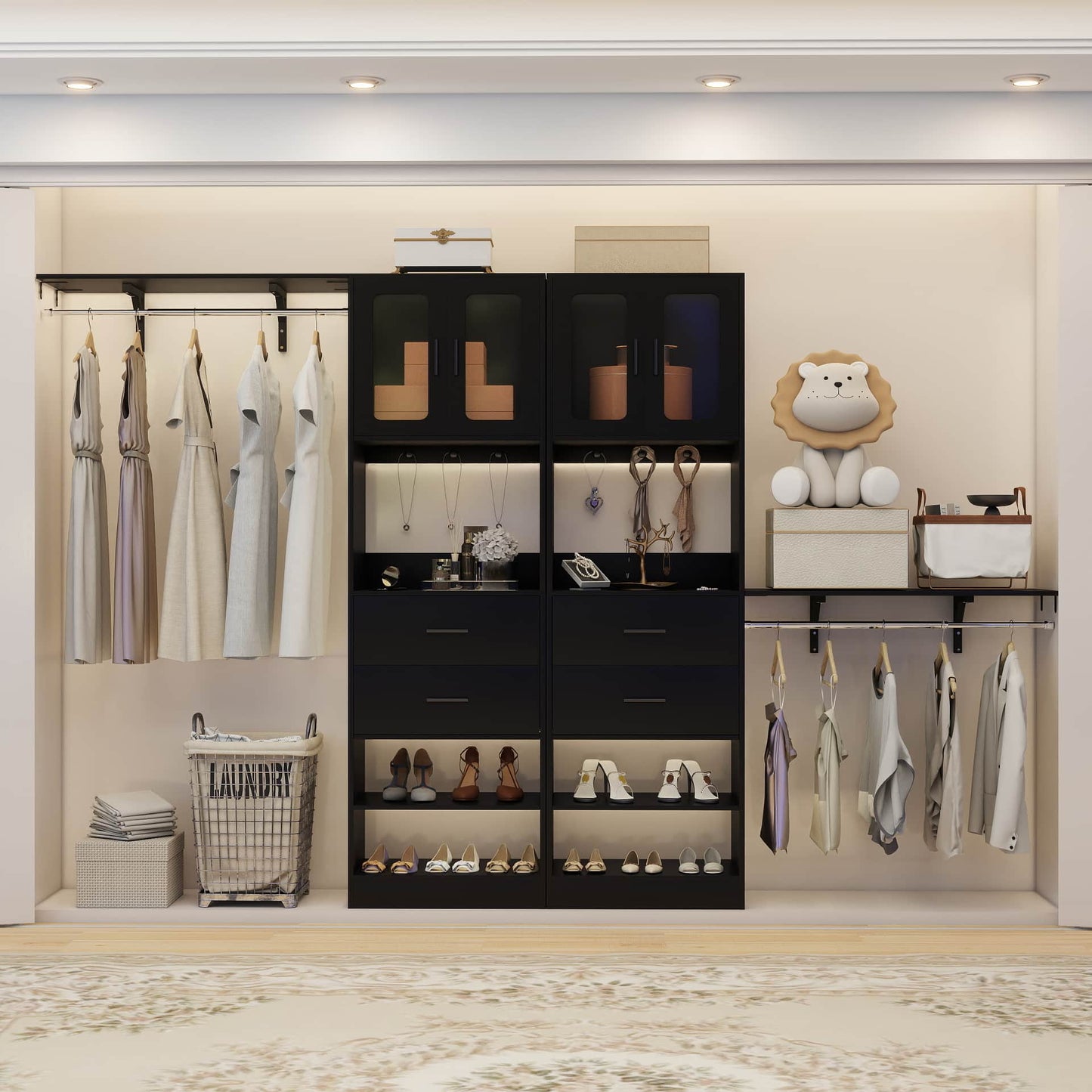 41-120 Inch Adjustable Wardrobe Closet System with 4 Drawers, Cabinets, and Shelves