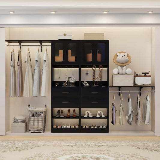 41-120 Inch Adjustable Wardrobe Closet System with 4 Drawers, Cabinets, and Shelves