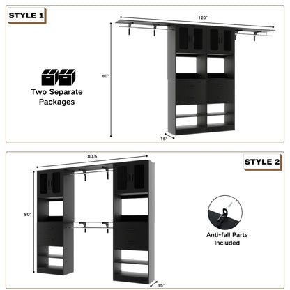 41-120 Inch Adjustable Wardrobe Closet System with 4 Drawers, Cabinets, and Shelves