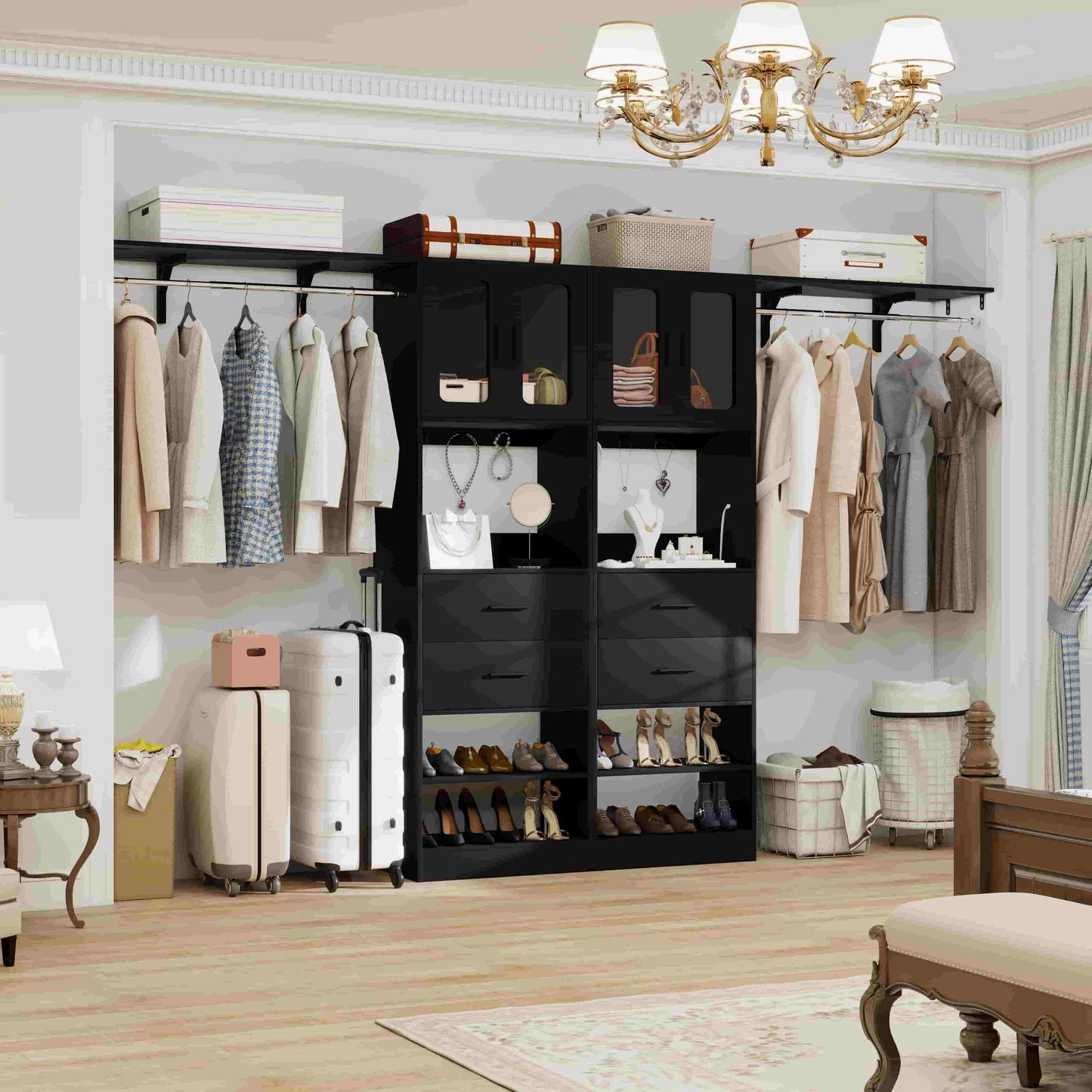 41-120 Inch Adjustable Wardrobe Closet System with 4 Drawers, Cabinets, and Shelves