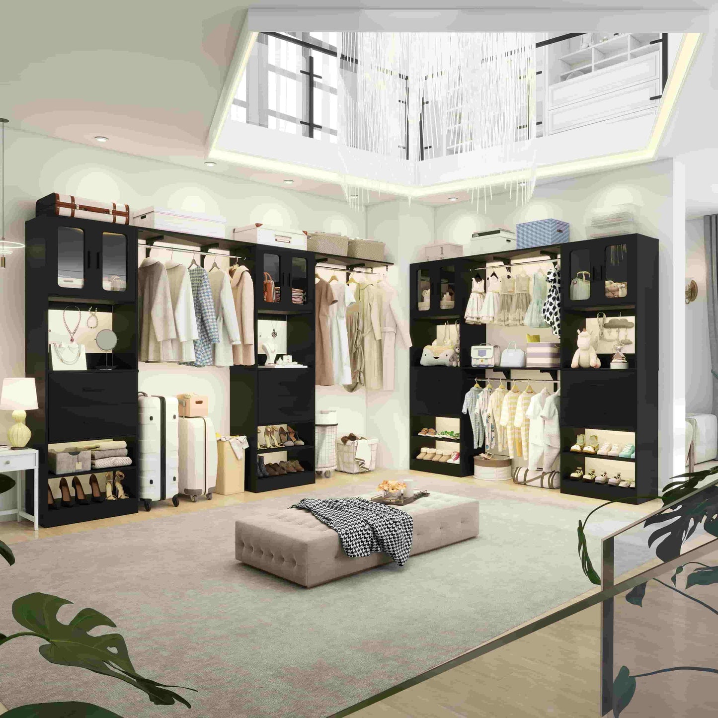 41-120 Inch Adjustable Wardrobe Closet System with 4 Drawers, Cabinets, and Shelves