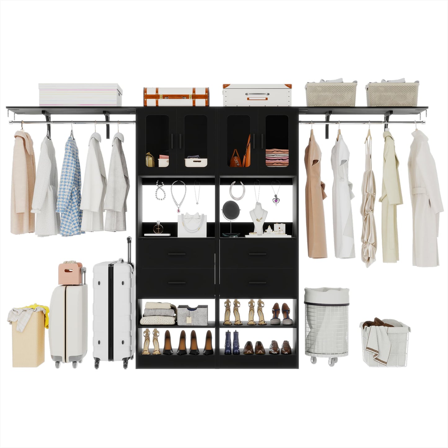 41-120 Inch Adjustable Wardrobe Closet System with 4 Drawers, Cabinets, and Shelves