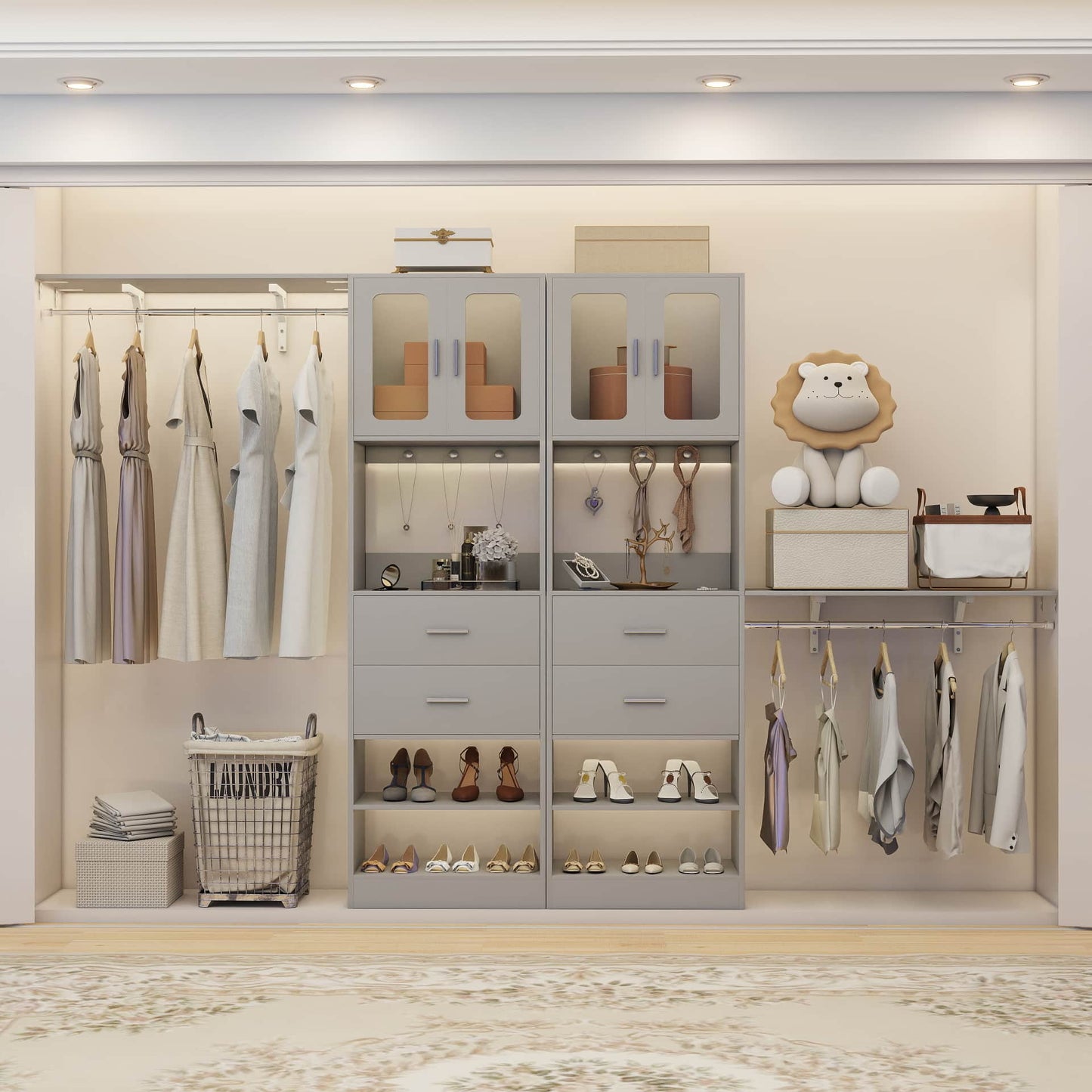 41-120 Inch Adjustable Wardrobe Closet System with 4 Drawers, Cabinets, and Shelves