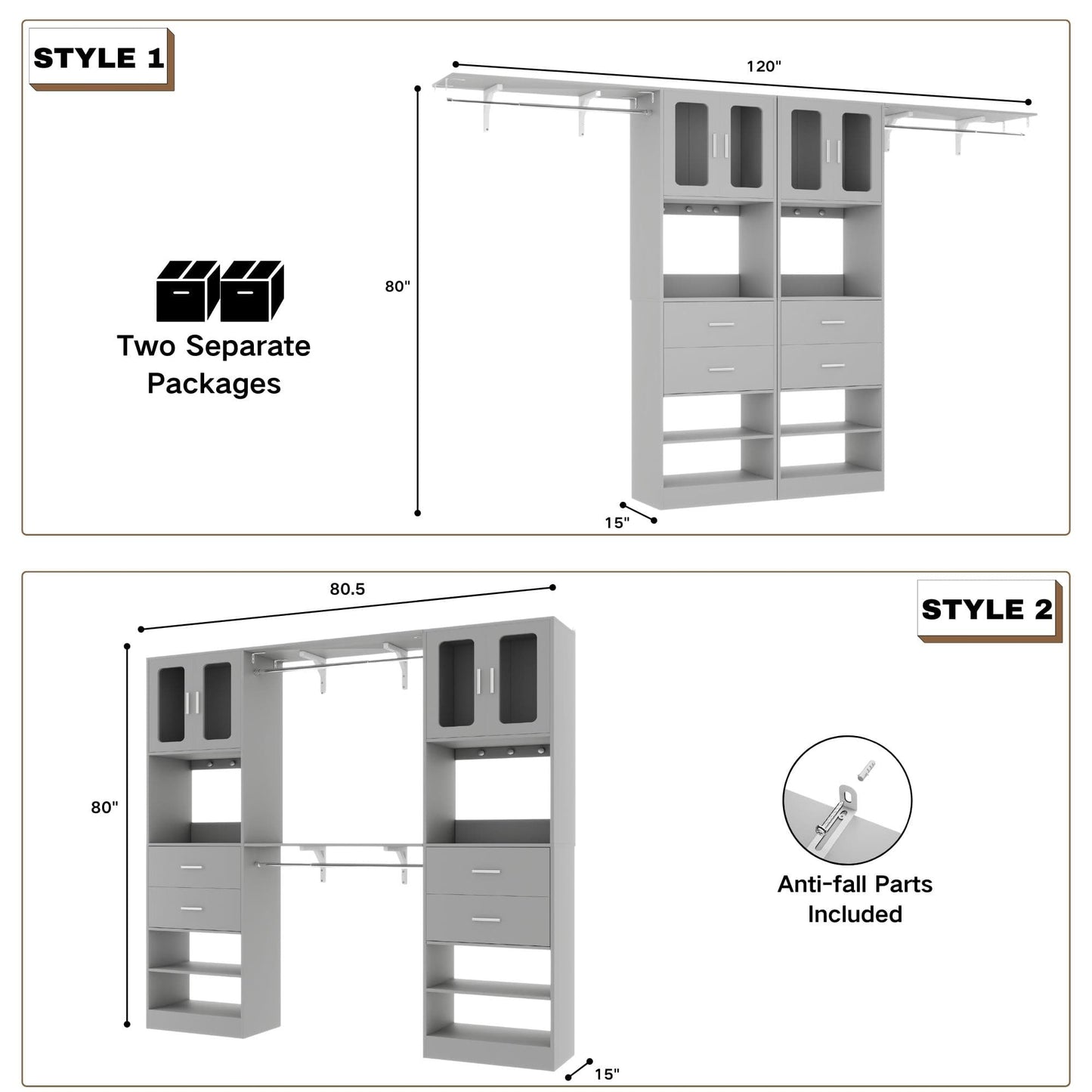 41-120 Inch Adjustable Wardrobe Closet System with 4 Drawers, Cabinets, and Shelves