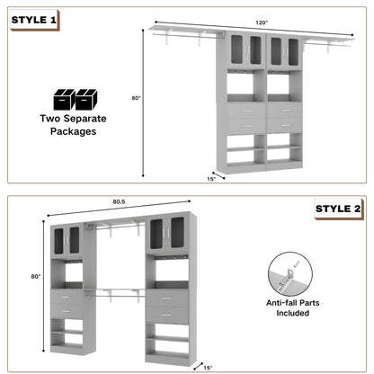 41-120 Inch Adjustable Wardrobe Closet System with 4 Drawers, Cabinets, and Shelves