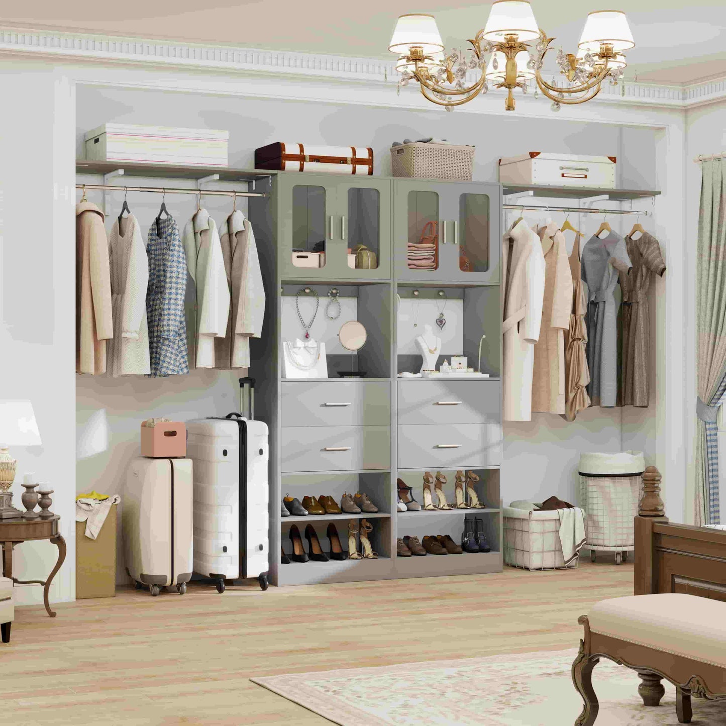 41-120 Inch Adjustable Wardrobe Closet System with 4 Drawers, Cabinets, and Shelves