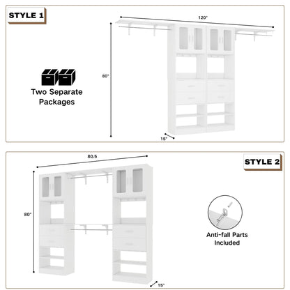 41-120 Inch Adjustable Wardrobe Closet System with 4 Drawers, Cabinets, and Shelves